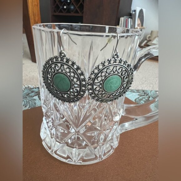 Boho Silver Filigree Turquoise Medallion Earrings Vintage Style Dangle 2” - Picture 2 of 3